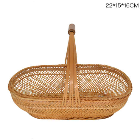 Panier en bambou fait main, panier de rangement portable à long manche, panier de pique-nique portable en bambou pour légumes, fruits et pain, tissé à la main dans des couleurs naturelles. (1/5)