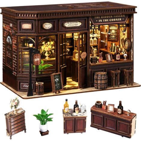 Book Nook Bistro - Kit 3D Bois - Maquette Lumineuse - Puzzle DIY - Décoration Étagère - Cadeau Adulte