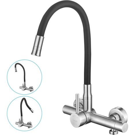 Robinet Cuisine Mural - 1 Unité - Acier Inoxydable - Double Jet et Raccord Lave-Vaisselle - Rotation 360° - Noir (1/5)