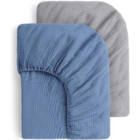 Drap Housse Bébé - Lot de 2 - Coton Mousseline - Respirant et Doux - Lit Enfant 60x120 cm - Bleu Gris (1/5)