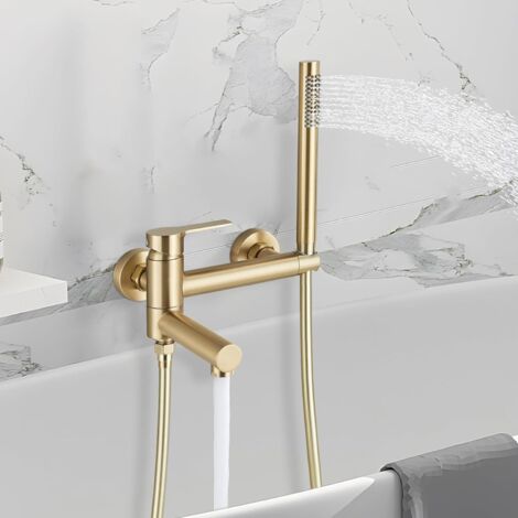 Mitigeur Baignoire Mural Doré - 1 Pièce - Acier Inoxydable - Bec Rotatif 90° - Salle De Bain - Finition Brossée