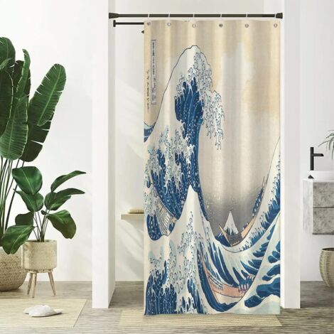 Rideau De Douche Motif Vagues Japonaises - 1 Pièce - Polyester Imperméable - Séchage Rapide - Pour Salle De Bain Et Douche - Décoration Océan (1/5)
