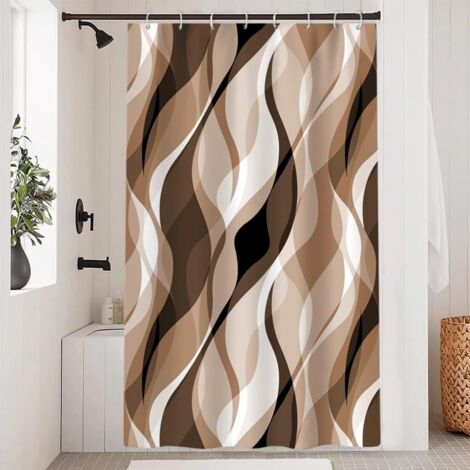 Rideau Douche - 120x180cm - Polyester Imperméable - Motif Rayures Abstraites - Avec 8 Crochets - Marron Khaki (1/5)