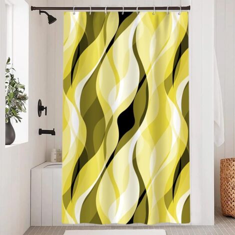 Rideau Douche - 120x180cm - Polyester Imperméable - Motif Rayures Abstraites - Avec 8 Crochets - Jaune Et Vert (1/5)