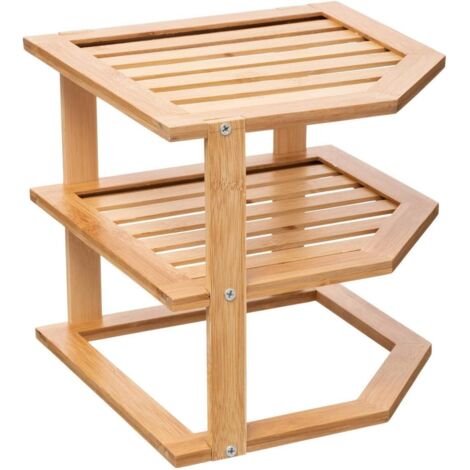 Étagère D'angle - 2 Niveaux - Bambou Naturel - Gain De Place - Cuisine Salle De Bain - 25,4x25,4x23 Cm (1/4)
