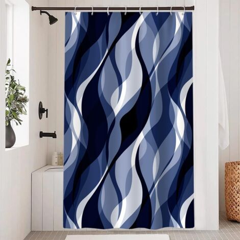 Rideau Douche Polyester - 120x180cm - Bleu Marine Rayé - Imperméable Anti Moisissure - Avec 8 Crochets (1/5)