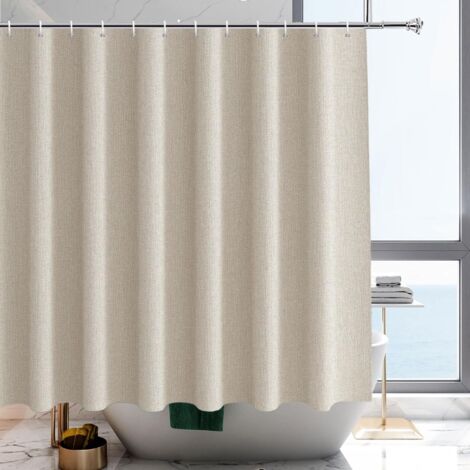 Rideau De Douche - 180x180cm - Polyester Aspect Lin - Hydrofuge Avec Œillets - Pour Salle De Bain - Beige (1/5)