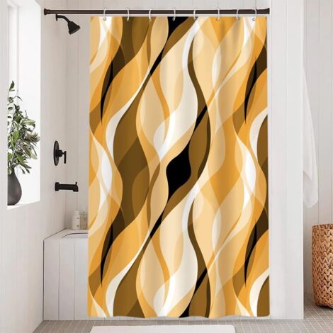 Rideau Douche - 120x180cm - Polyester Imperméable - Motif Rayures Abstraites - Avec 8 Crochets - Jaune Moutarde (1/5)