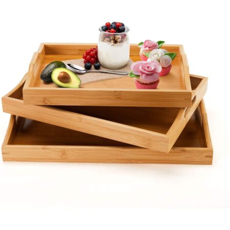 Plateau En Bambou - Lot De 3 - Naturel - Poignées Et Bords Surélevés - Petit Déjeuner Et - 41x31cm (1/5)