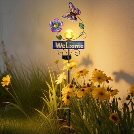 Piquet Solaire Jardin - 1 Unité - Métal Et Verre Craquelé - Lumière Automatique - Pour Pelouse Et Allée - Motif Papillon (1/5)