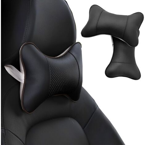 Appuie-tête Voiture - Lot de 2 - Coton et Cuir - Soutien Cervical - Universel Automobile - Noir (1/5)