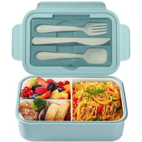 Boîte À Repas 1400ml - 3 Compartiments - Sans Fuite - Avec Couverts - Micro-onde Et Lave-vaisselle - Bleu (1/5)