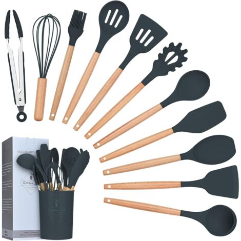 Kit Ustensiles Cuisine - 12 Pièces - Silicone Et Bois - Antiadhésif - Avec Support Rangement - Gris (1/5)