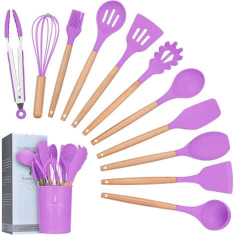Kit Ustensiles Cuisine - 12 Pièces - Silicone Et Bois - Antiadhésif - Avec Support De Rangement - Violet (1/5)