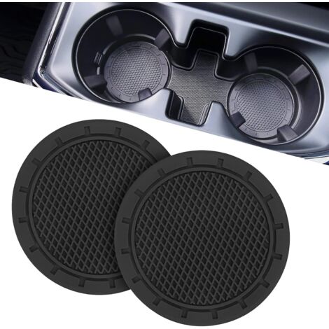 Dessous de verre - Lot de 2 - Silicone - Antidérapant - Pour porte-gobelet voiture et bureau - Noir - 6,8 cm (1/5)