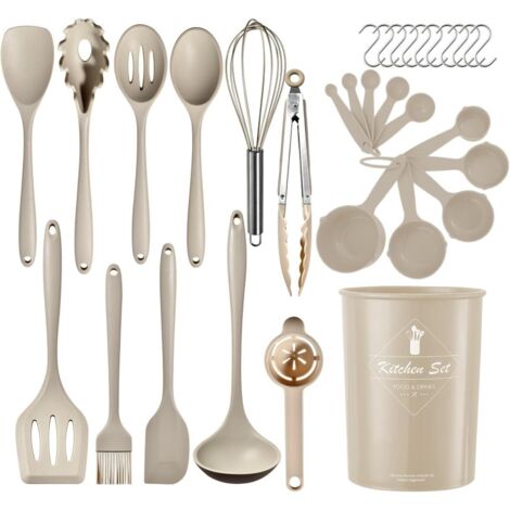Ensemble Ustensiles Cuisine - 32 Pièces - Silicone Et Acier Inoxydable - Résistant Chaleur - Pour Cuisson Et Pâtisserie - Kaki (1/5)