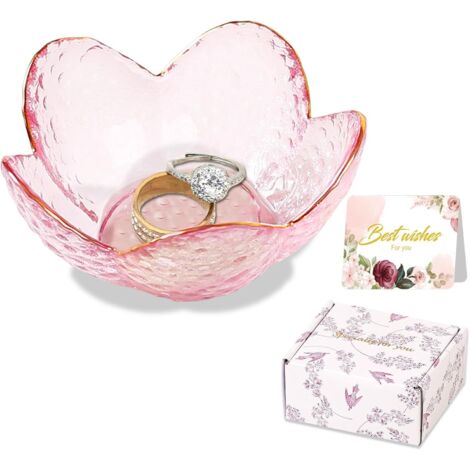 Vide Poche Verre Forme Fleur - 1 Pièce - Rose et Doré - Rangement Bijoux Clés Monnaie - Salon Chambre Bureau - 9x9x4 cm (1/5)