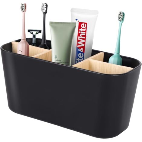 Porte-Brosse à Dents - 5 Compartiments - Bambou et PP - Séparateurs Amovibles - Salle de Bain - Noir (1/5)
