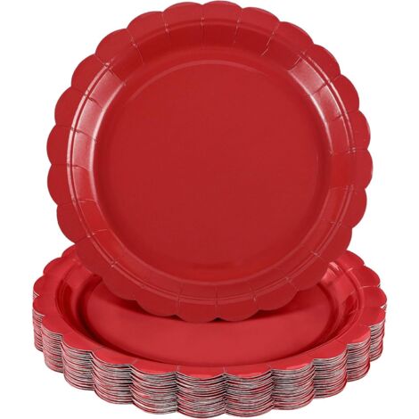 Assiettes en carton - 30 pièces - Papier rouge - Bord festonné - Résistant huile et eau - 22,9 cm (1/5)