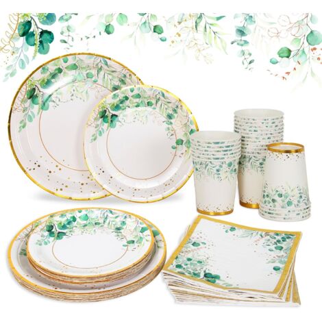Vaisselle Jetable Verte - 98 Pièces - Carton Écologique - Design Floral Sauge - Anniversaire Baby Shower - 24 Invités (1/5)