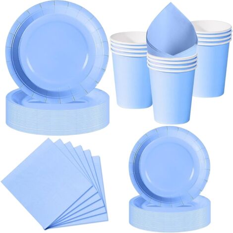 Set Vaisselle Jetable 50 Pièces Bleu Ciel - 10 Invités - Assiettes Gobelets Serviettes - Anniversaire Baby Shower (1/5)