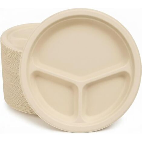 Assiettes Jetables 3 Compartiments - Lot de 90 - Bagasse Canne à Sucre - 26 cm Résistant (1/5)