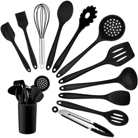 Ustensiles De Cuisine En Silicone - 12 Pièces - Noir - Résistant Chaleur 210°C - Avec Support - Pour Poêle Antiadhésive (1/5)