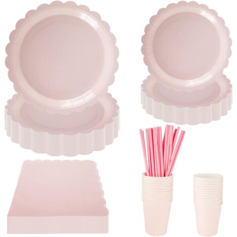 Vaisselle Jetable Rose - 125 Pièces - Carton Épais - Forme Fleur - Fête Prénatale Anniversaire - Pour 25 Invités (1/5)