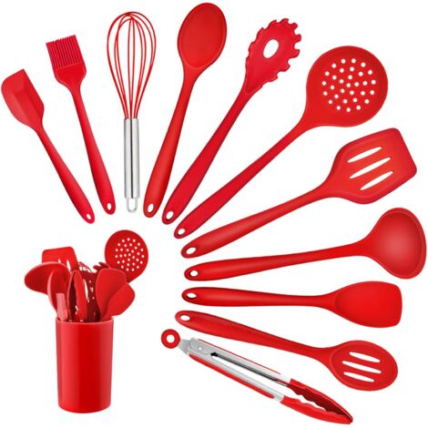 Lot de 12 Ustensiles Cuisine Silicone - Résistant Chaleur 210°C - Antiadhésif - Avec Porte-Ustensiles - Rouge - Pour Casseroles Poêles (1/5)