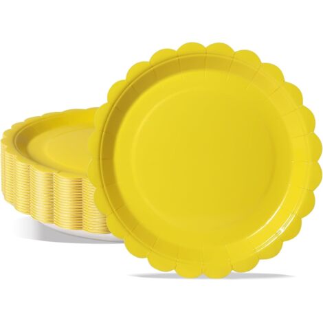 Assiettes En Carton - 50 Pièces - 23cm - Bord Crénelé Jaune - Robustes Pour Fêtes Et Pique-niques (1/5)
