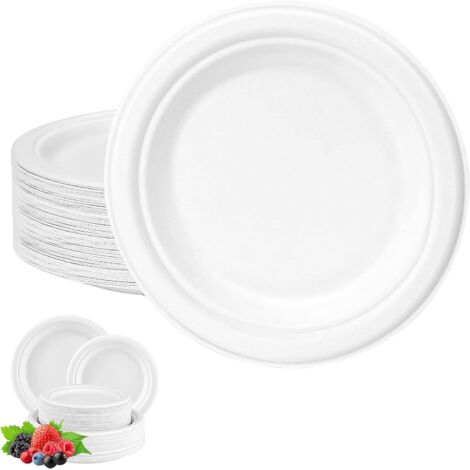 Assiettes Jetables Rondes 15cm - 100 Pièces - Fibre Canne À Sucre - Résistant Micro-ondes - Pique-nique Anniversaire - Blanc