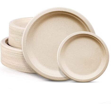 Assiettes En Bagasse - Lot De 100 - Fibre Végétale - Compostables - Chaud Et Froid - 18 Et 23 Cm (1/5)