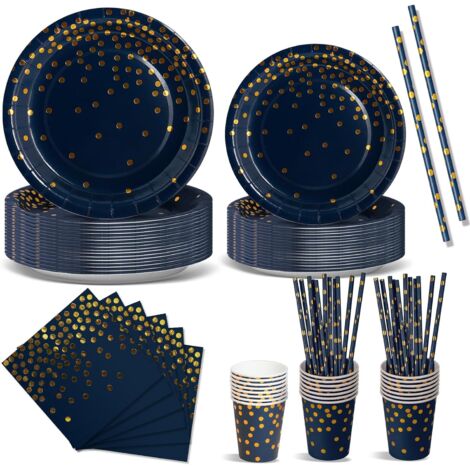 Vaisselle Jetable Anniversaire - 120 Pièces - Carton Épais - Bleu Marine Et Or - Pour 24 Invités - Fête Et Célébration (1/5)