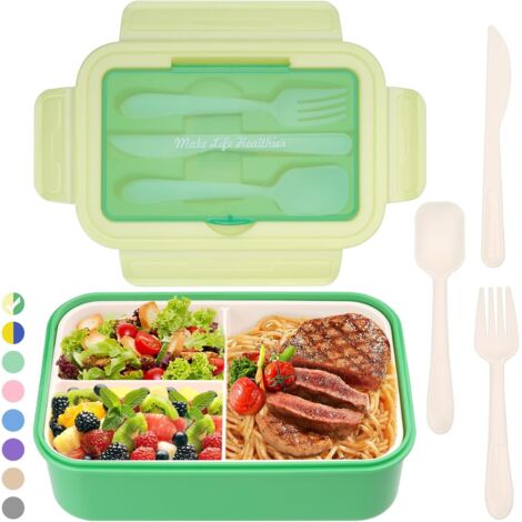 Boîte à Repas 3 Compartiments - 1400ml - Plastique PP Sans BPA - Micro-ondes et Lave-vaisselle - Avec Couverts - Vert (1/5)
