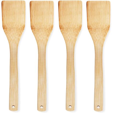 Ustensiles Cuisine Bambou - Lot 4 Pièces : Cuillère Et Spatule En Bois Naturel Résistant Pour Poêles Antiadhésives (1/5)