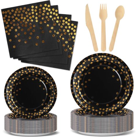 Vaisselle Jetable Noir Or - 144 Pièces - Carton Et Bois - Pour 24 Invités - Anniversaire Et Fête (1/5)