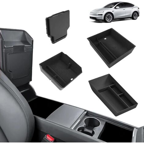 Organiseur Console - Lot de 4 - TPE et Flocage - Rangement Voiture - Tesla Model Y Juniper - Noir (1/5)