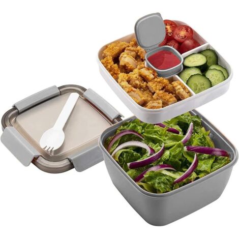 Boîte Bento 2 Niveaux - 1200ml - Polypropylène - Étanche Micro-ondes - Adulte Enfant École Bureau - 17,4x17,4x9,7cm (1/5)