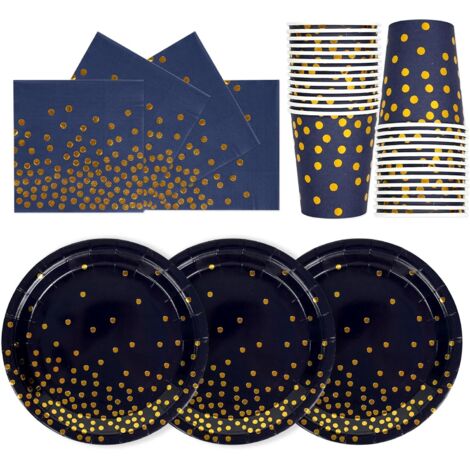 Vaisselle Jetable Fête - 72 Pièces - Papier Épais - Or Et Bleu Marine - Pour 24 Invités - Anniversaire (1/5)