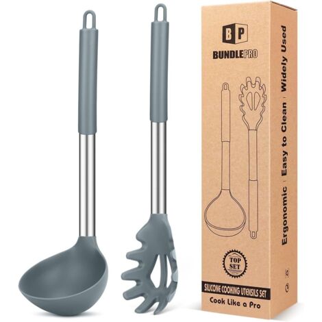 Ensemble Ustensiles Cuisine - 2 Pièces - Silicone et Acier - Antiadhésif - Spaghetti et Soupe - Noir (1/5)