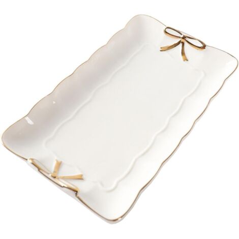 Plateau À Bijoux Rectangulaire - 1 Unité - Céramique Et Bord Doré - Rangement Bagues Et Cosmétiques - Salon Chambre Hôtel - Style Nordique (1/5)