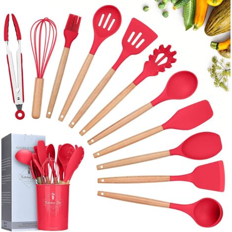 Kit Ustensiles Cuisine - 12 Pièces - Silicone Et Bois - Résistant Chaleur - Avec Support Rangement - Rouge (1/5)
