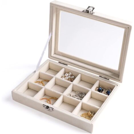 Plateau Rangement Bijoux - 12 Grilles - Velours Beige - Couvercle Transparent - Vitrine Magasin ou Tiroir - 17,8x13,5cm (1/5)