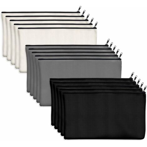 Sachet Coton - 15 Pièces - Toile Écru Noir Gris - Fermeture Éclair - Rangement Cosmétique Voyage - 21x12 cm (1/5)