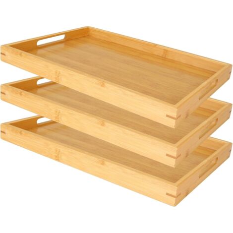Plateau de - Lot de 3 - Bambou Naturel - Avec Poignées - Cuisine et Salon - 35 x 25 x 3 cm (1/5)