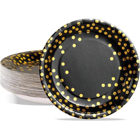 Assiettes En Carton - 50 Pièces - Noir Et Or - 23 Cm - Résistantes - Pour Fêtes Et Pique-niques (1/5)