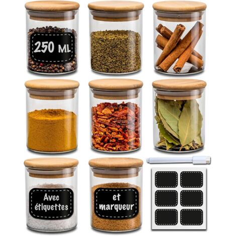 Pots À Épices En Verre - Lot De 8 - 250 Ml - Couvercle Bambou Hermétique - Avec Étiquettes - Pour Cuisine (1/5)