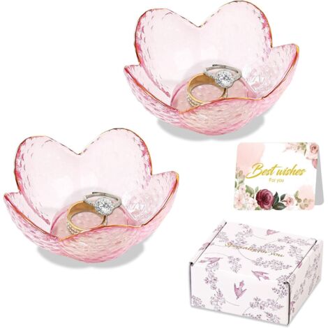 Plateau à bijoux fleur - Lot de 2 - Verre rose - Rangement bagues et clés - Déco chambre et salle de bain - 9x9x4 cm (1/5)