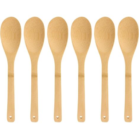 Ustensiles Cuisine Bambou - Lot 6 Pièces Bois Naturel : Cuillère Spatule Fourchette Résistant Eau Choc Compatible Poêle Antiadhésive (1/5)