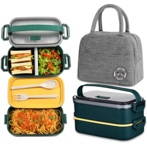 Boîte Bento 1600ml - 2 Niveaux - PP Alimentaire - Hermétique Avec Couverts - Pour Travail École Pique-Nique - Vert Foncé (1/5)